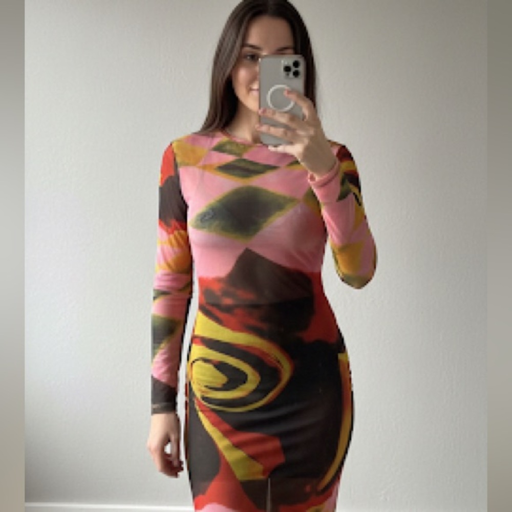 AKIRA Sheer Abstract Mesh Bodycon Maxi Dress Pink Yellow Small